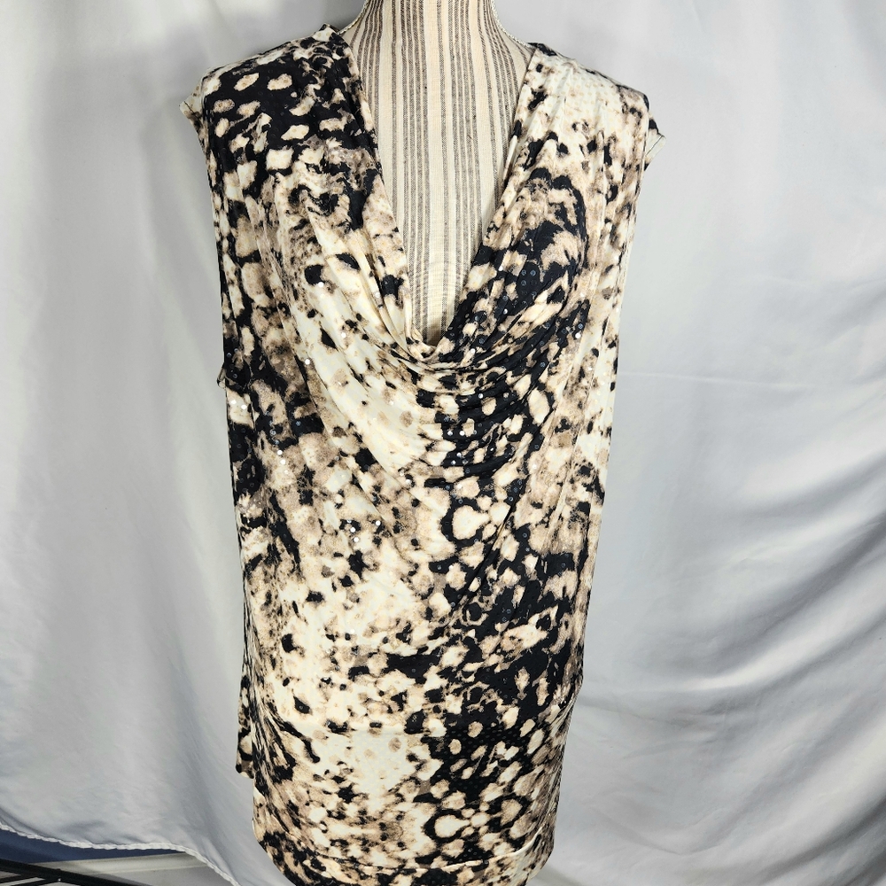 Alfani Woman Ivory Tan Black Abstract Drape Neck Sleeveless Top Plus Size 1X